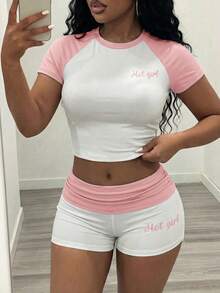 Slaydiva Women's White And Pink 2 Piece Set,Summmer Casual Workout Outfits,Round Neck Short Sleeve T-Shirt And Folded Waist Hot Pants,Y2K Sporty Style - Pink - View 10