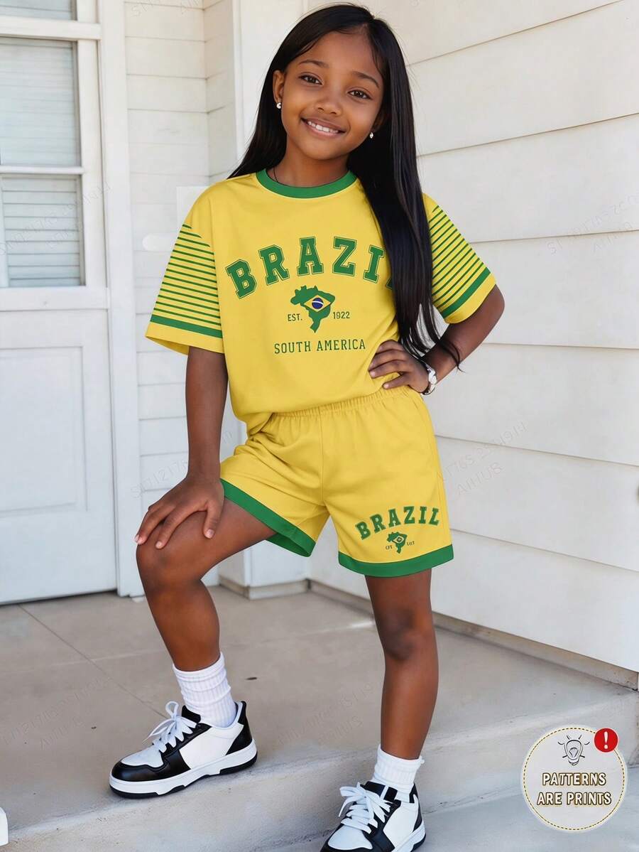 Summer Dopamine Brazilian Style Printed Short Sleeve Set, Casual Sports 2 Pieces, Yellow-Green Contrast Color Sports T-Shirt And Shorts - Black and White - View 1