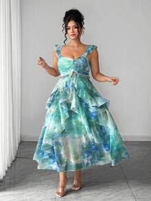 Vestido de verano elegante de talla grande con estampado de teñido anudado y volantes en el bajo - Verde - Ver 8
