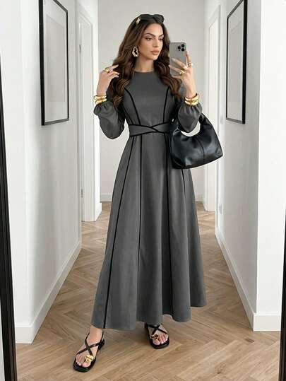 Modelyn 收腰系带蝴蝶结撞色边饰休闲时尚通勤聚会连衣裙长款晚礼服