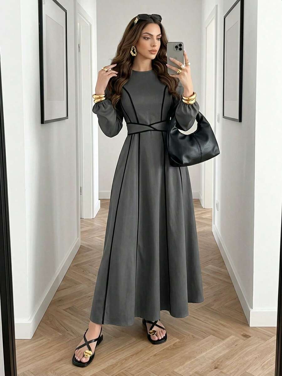 Modelyn 收腰系带蝴蝶结撞色边饰休闲时尚通勤聚会连衣裙长款晚礼服 - 霧霾藍 - 查看 1