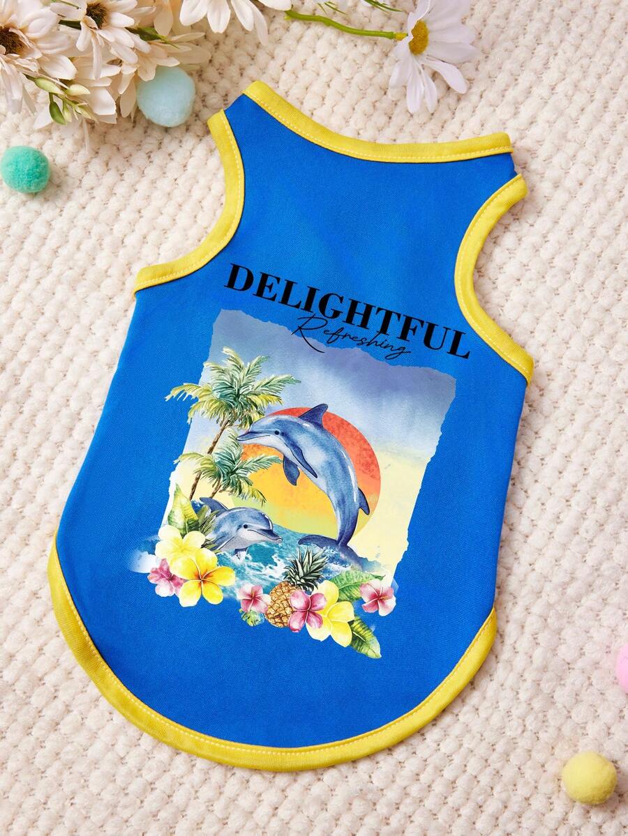 1 chiếc áo tank top cho thú cưng in hình cá heo nhỏ dễ thương, cây dừa, hoa và chữ, chất liệu mềm mại, thoáng khí, kiểu dáng thường ngày, màu xanh phối vàng. - Nhiều màu - Xem 1