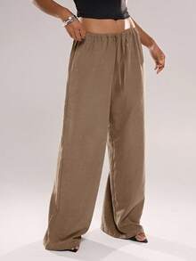 Women's Solid Color Drawstring Waist Casual Versatile Daily Wear Pants Oversize Pants For Women Loose Pants For Women - Coffee Brown - View 5