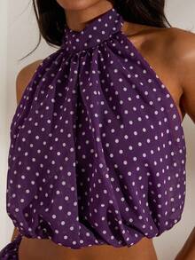 Opulessa 春夏度假雪纺波点印花露肩短款上衣和女士迷你裙两件套 - 紫色 - 查看 7