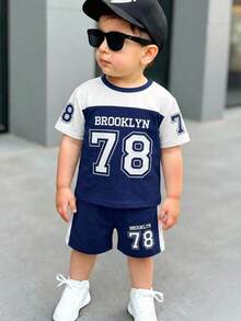 2pcs Baby Boy Cartoon Letter Print Round Neck Short Sleeve T-Shirt And Shorts Set,Navy And White Summer Casual Beach Jersey Outfit For Boys - Blue - View 5