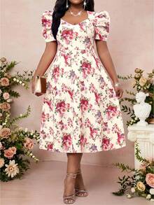 Lady Vestido elegante de manga abullonada con cuello de corazón y textura de unicolor para mujer de talla grande - Multicolor 5 - Ver 5