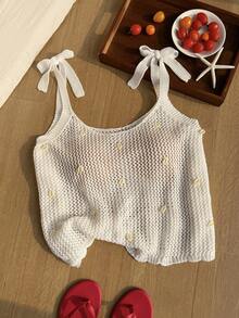 Comfortcana Áo hai dây dệt kim hở vai thắt nút màu trơn dành cho nữ cỡ lớn, thích hợp cho kỳ nghỉ hè ở bãi biển. - trắng - Xem 3