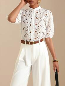 SHEIN Veneréa Blusa casual de mujer con bordado y abertura, de manga corta, versátil para uso diario - Blanco - Ver 3