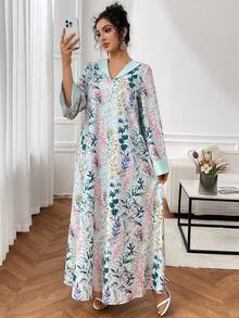 SHEIN Najma 优雅印花宽松连衣裙 - 薄荷綠 - 查看 1