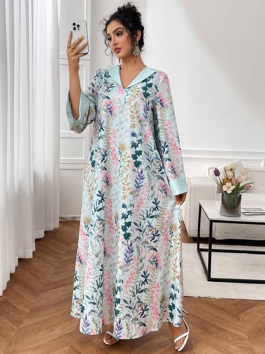 SHEIN Najma 优雅印花宽松连衣裙 - 薄荷綠 - 查看 1