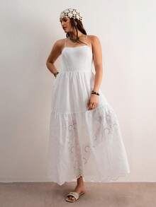 Freevana Plus Size Women's Sleeveless All White Summer Boho Holiday Long Dress,Embroidered Textured Fabric,Elegant Loose Spaghetti Strap Flowy Beach Dress - White - View 4