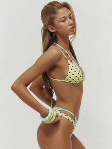 Musera Resort Double Layered Stripe Polka Dot Print Ring Detail Bikini Bottoms Only Summer Swim Beach Vacation Everyday Sexy Cute Travel Bambola Print - Green - View 4