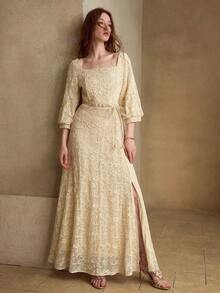 MOTF PREMIUM ELEGANT SPLIT HEM DRESS FOR WOMEN - Apricot - View 5