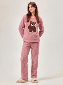 Loomlin 2 piezas Conjunto de pijama de ropa de casa con detalles bordados de oso de peluche - Rosa vieja - Ver 5