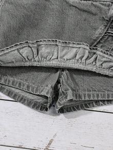 Elladie kids Bộ quần short denim tay bồng kiểu cánh hoa dễ thương, thời trang cho bé gái, kèm chun co giãn. - Màu Xám nhạt - Xem 4