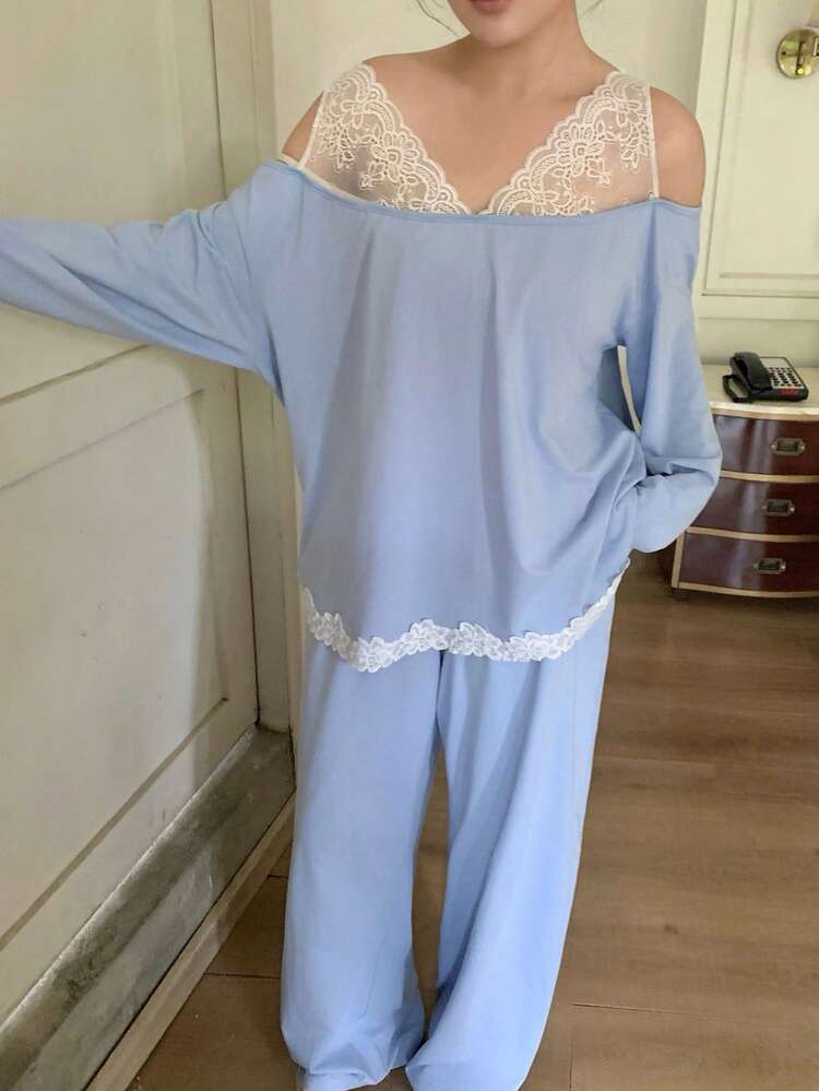 Dazy Plus Plus Size Elegant Contrast Lace Cold Shoulder Top And Pants Pajama Set, Autumn