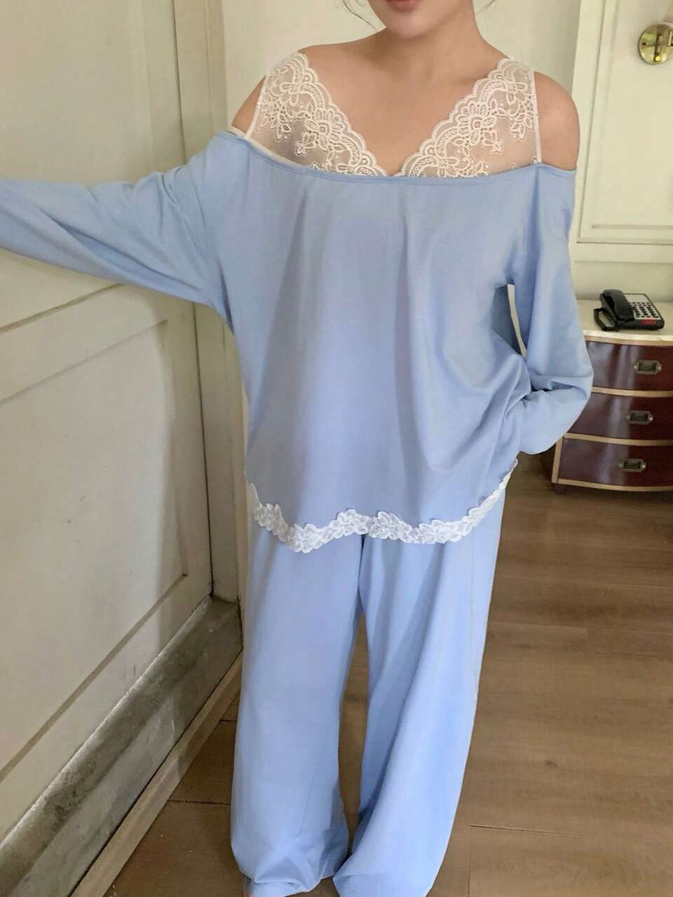 Dazy Plus Plus Size Elegant Contrast Lace Cold Shoulder Top And Pants Pajama Set, Autumn