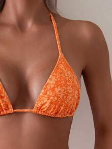 Swim Mod Set Bikini Tropis Seksi Wanita Motif Bunga untuk Liburan Pantai Musim Panas, Motif Acak Oranye - Jeruk - View 3
