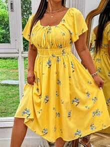 Vionelle Plus Size Floral Print Drawstring Front Elastic Waist Short Sleeve Dress - Yellow - View 1