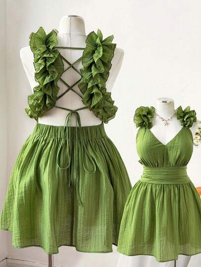 Sweetra Vestido de mujer talla grande de gasa plisada verde, diseño de dobladillo con doble volante, vestido mini de cintura alta con corte evasé, diseño con lazo en la espalda, adecuado para vacaciones en la playa, estilo escolar, citas, escapadas con amigas, picnics de verano, vestido de cita, vestido para salir de noche, vestido de verano, atuendo para luna de miel, vestido de invitada de boda, atuendo para vacaciones en la isla, vestido de invitada de boda, vestido de verano, vestido elegante de fiesta, vestido de cumpleaños, vacaciones