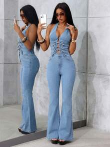 Jeanoix Sexy Halter Tie-Front Bowknot Denim Jumpsuit - Light Wash - View 4