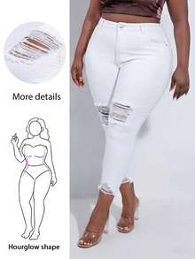 CurvyTilda Plus High Waist Ripped Raw Hem Skinny Cropped Jeans, For Hourglass Body Shape - White - View 1