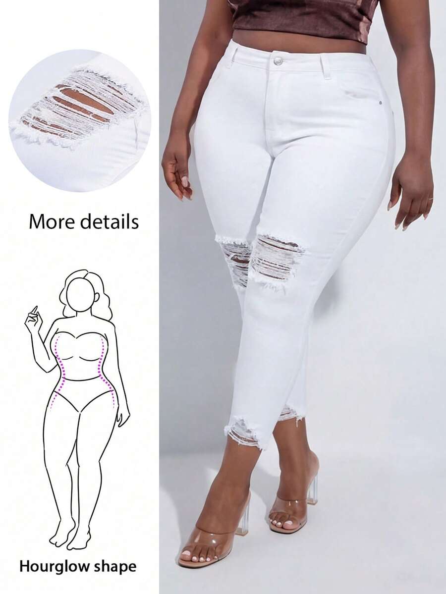 CurvyTilda Plus High Waist Ripped Raw Hem Skinny Cropped Jeans, For Hourglass Body Shape - White - View 1