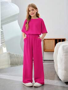 SHEIN Set 2 Potong Nova Glow untuk Liburan Anak Perempuan Remaja, Warna Polos, Leher Bulat, Lengan Pendek - Hot Pink - View 3