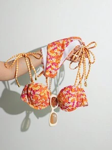 Swim Mod 夏季新款欧美橙色碎花比基尼套装，三角上衣配有可调节肩带，带衬垫抹胸，性感三件套泳衣，适合海滩、泳池、生日派对、度假等场合。 - 彩色 - 查看 4