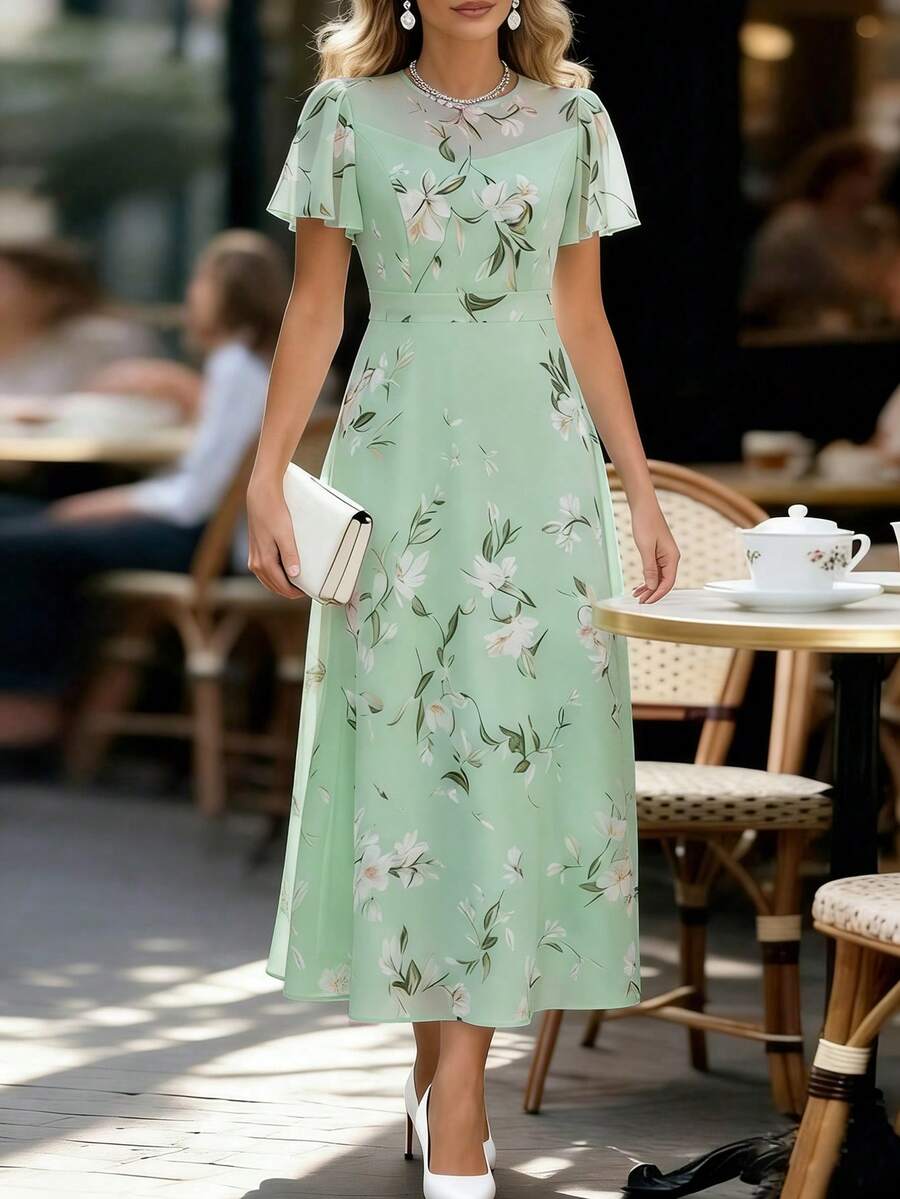 SHEIN LUNE 蓝色雪纺印花荷叶袖优雅连衣裙,女士款 - 綠色 - 查看 1