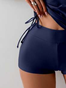 SHEIN Swim 2pcs/Set Army Green Twist Cup Cross Back Ruched Tie-Side Women Swimwear - Navy Blue - View 5