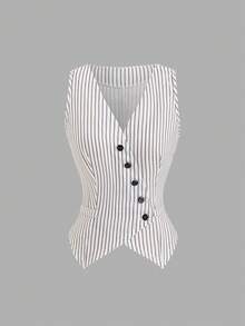 SHEIN Sweetro 法式优雅通勤休闲简约百搭V领不对称纽扣设计复古条纹面料春夏时尚都市职业女性西装外套 - 彩色 - 查看 1