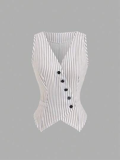 Sweetra French Elegant Commuter Casual Minimalist Versatile V-Neck Asymmetric Button Design Retro Striped Fabric Spring/Summer Fashion Urban Professional Women Blazer