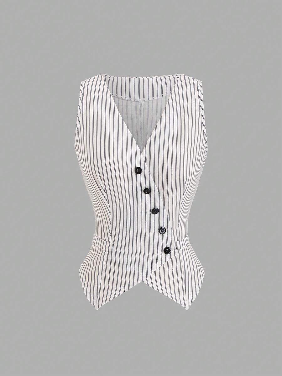 SHEIN Sweetro 法式优雅通勤休闲简约百搭V领不对称纽扣设计复古条纹面料春夏时尚都市职业女性西装外套 - 彩色 - 查看 1