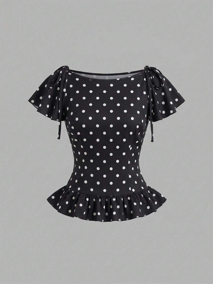 Sweetra Women's Casual Polka Dot Print Ruffle Hem Blouse, Summer - Black - View 1