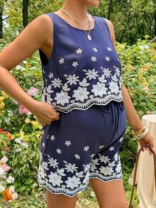 SHEIN Maternity Floral Embroidered Tank Top And Shorts 2 Pieces Set, Summer Navy Blue - Blue - View 5