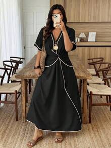 EMERY ROSE Vestido maxi de manga corta con bloqueo de color de algodón y lino color albaricoque, un vestido para mujer de talla grande adecuado para vacaciones casuales y salidas diarias en primavera y verano. - Negro - Ver 3