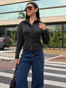 Yohana Edit Blusa larga de manga larga con cuello de botón ajustada y cintura aplanada, con contraste de color y textura, para mujeres - Negro - Ver 1