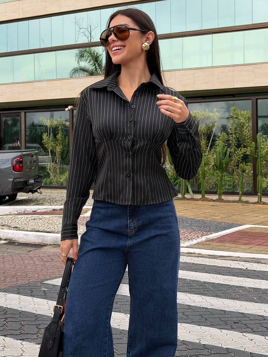 Yohana Edit Blusa larga de manga larga con cuello de botón ajustada y cintura aplanada, con contraste de color y textura, para mujeres - Negro - Ver 1
