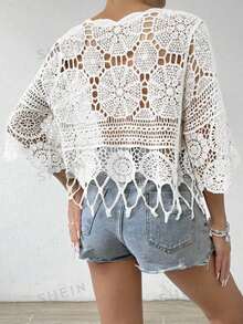SHEIN Swim Cubrecuerpo tejido con abertura y bajo con flecos, ideal para vacaciones y tiempo libre en verano - Blanco - Ver 5