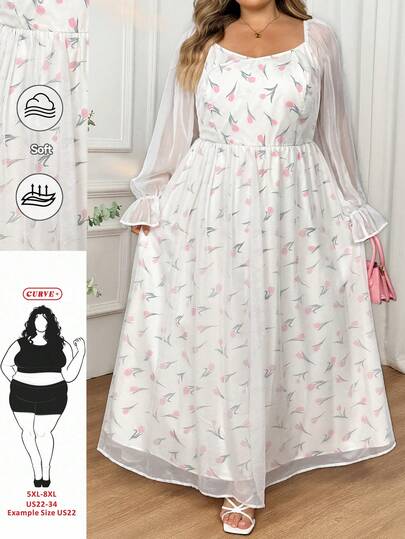 SHEIN CURVE+ Women's Tulip Print Elegant Long Sleeve Mid-Length Dress