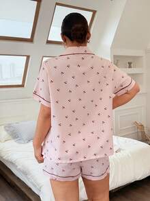 Napfluff CURVE Napfluff CURVE Plus Size Pink Plaid Cherry Print Lapel Short Sleeve Pajama Set - Pink - View 2