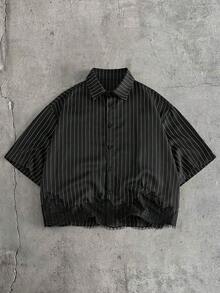 AXEPEAK Men's Striped Short Sleeve Single-Breasted Shirt And Shorts Casual Suit - Black - View 4