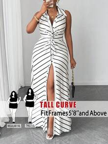 SHEIN Tall CURVE Plus Size Women Casual Striped Knit Twist Design Sleeveless Dress - Multicolor - View 1