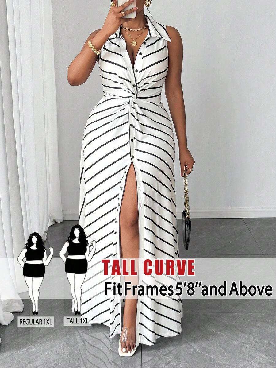 SHEIN Tall CURVE Plus Size Women Casual Striped Knit Twist Design Sleeveless Dress - Multicolor - View 1