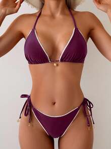 Swim Vcay Bộ bikini hai mảnh gợi cảm dành cho nữ, viền ren, cổ yếm buộc dây. - Màu đỏ tím - Xem 5