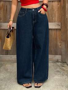 Dazy Plus Plus Size Women's Casual Solid Color Washed Slim Straight Leg Jeans - Navy Blue - View 4