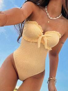 SHEIN Swim Mod Swim Mod Women's Elegant Fresh Lemon Yellow Textured Bandeau One-Piece Swimsuit With Removable Straps, 2026 Slimming Tummy Control High Cut Swimwear With Ruffle & Tie Front Detail, Casual Cute Ruffled Beachwear For Spring/Summer Vacation Resort Wear & Pool Party - Yellow - View 3