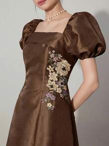 Modelyn Women's Floral Embroidery Square Neck Petal Sleeve Elegant Mid-Length Dress - Coffee Brown - View 6