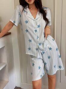 Napfluff Casual Star & Stripe Print Lapel Cardigan Pajama Set For Women - Blue - View 6